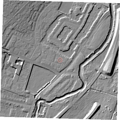 Shaded relief map of the ground around IG87LF, computed from Environment Agency LiDAR. The ground here sits at about 13 m above sea level and falls 13 m across the surrounding 800 m. Surface water reaching this point runs off ground lying to the west-south-west, 0.6 m higher.
