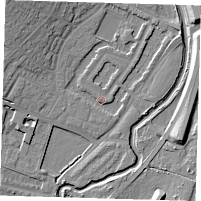 Shaded relief map of the ground around IG87LJ, computed from Environment Agency LiDAR. The ground here sits at about 13 m above sea level and falls 15 m across the surrounding 800 m. Surface water reaching this point runs off ground lying to the north-west, 14.1 m higher.