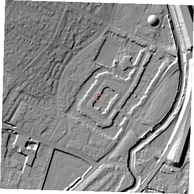 Shaded relief map of the ground around IG87LL, computed from Environment Agency LiDAR. The ground here sits at about 13 m above sea level and falls 17 m across the surrounding 800 m. Surface water reaching this point runs off ground lying to the west-south-west, 1.9 m higher.