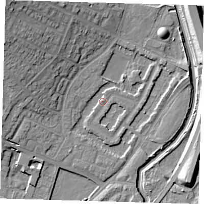 Shaded relief map of the ground around IG87LN, computed from Environment Agency LiDAR. The ground here sits at about 13 m above sea level and falls 19 m across the surrounding 800 m. Surface water reaching this point runs off ground lying to the north-west, 17.7 m higher.