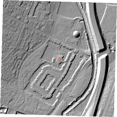 Shaded relief map of the ground around IG87LP, computed from Environment Agency LiDAR. The ground here sits at about 13 m above sea level and falls 17 m across the surrounding 800 m. Surface water reaching this point runs off ground lying to the west, 1.4 m higher.