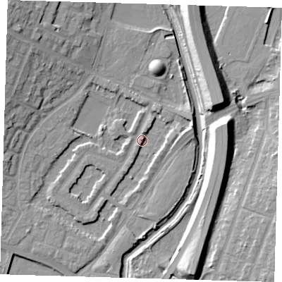 Shaded relief map of the ground around IG87LR, computed from Environment Agency LiDAR. The ground here sits at about 13 m above sea level and falls 14 m across the surrounding 800 m. Surface water reaching this point runs off ground lying to the north-east, 2.6 m higher.