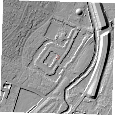 Shaded relief map of the ground around IG87LS, computed from Environment Agency LiDAR. The ground here sits at about 13 m above sea level and falls 15 m across the surrounding 800 m. Surface water reaching this point runs off ground lying to the west, 1.9 m higher.