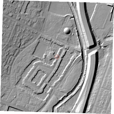 Shaded relief map of the ground around IG87LW, computed from Environment Agency LiDAR. The ground here sits at about 13 m above sea level and falls 15 m across the surrounding 800 m. Surface water reaching this point runs off ground lying to the east-north-east, 2.0 m higher.