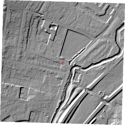 Shaded relief map of the ground around IG87PJ, computed from Environment Agency LiDAR. The ground here sits at about 13 m above sea level and falls 17 m across the surrounding 800 m. Surface water reaching this point runs off ground lying to the north-west, 14.6 m higher.