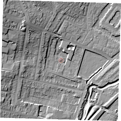 Shaded relief map of the ground around IG87PL, computed from Environment Agency LiDAR. The ground here sits at about 13 m above sea level and falls 21 m across the surrounding 800 m. Surface water reaching this point runs off ground lying to the north-north-west, 7.8 m higher.