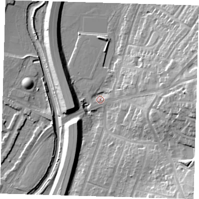 Shaded relief map of the ground around IG88AA, computed from Environment Agency LiDAR. The ground here sits at about 13 m above sea level and falls 26 m across the surrounding 800 m. Surface water reaching this point runs off ground lying to the east, 22.4 m higher.