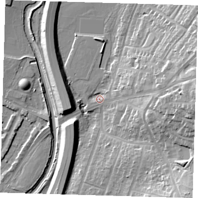 Shaded relief map of the ground around IG88AD, computed from Environment Agency LiDAR. The ground here sits at about 13 m above sea level and falls 25 m across the surrounding 800 m. Surface water reaching this point runs off ground lying to the east, 23.0 m higher.