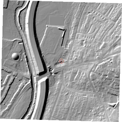 Shaded relief map of the ground around IG88BU, computed from Environment Agency LiDAR. The ground here sits at about 13 m above sea level and falls 24 m across the surrounding 800 m. Surface water reaching this point runs off ground lying to the east, 22.7 m higher.