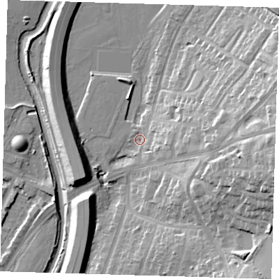 Shaded relief map of the ground around IG88DN, computed from Environment Agency LiDAR. The ground here sits at about 14 m above sea level and falls 26 m across the surrounding 800 m. Surface water reaching this point runs off ground lying to the east, 24.8 m higher.