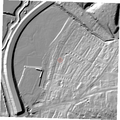 Shaded relief map of the ground around IG88DW, computed from Environment Agency LiDAR. The ground here sits at about 15 m above sea level and falls 30 m across the surrounding 800 m. Surface water reaching this point runs off ground lying to the east-south-east, 16.9 m higher.