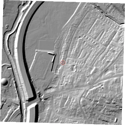 Shaded relief map of the ground around IG88EB, computed from Environment Agency LiDAR. The ground here sits at about 14 m above sea level and falls 27 m across the surrounding 800 m. Surface water reaching this point runs off ground lying to the east-south-east, 12.7 m higher.