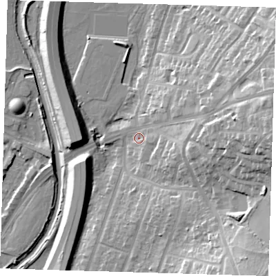 Shaded relief map of the ground around IG88EP, computed from Environment Agency LiDAR. The ground here sits at about 15 m above sea level and falls 28 m across the surrounding 800 m. Surface water reaching this point runs off ground lying to the east, 20.8 m higher.