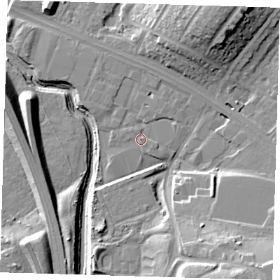 Shaded relief map of the ground around IG88EY, computed from Environment Agency LiDAR. The ground here sits at about 13 m above sea level and falls 21 m across the surrounding 800 m. Surface water reaching this point runs off ground lying to the north-north-east, 2.2 m higher.