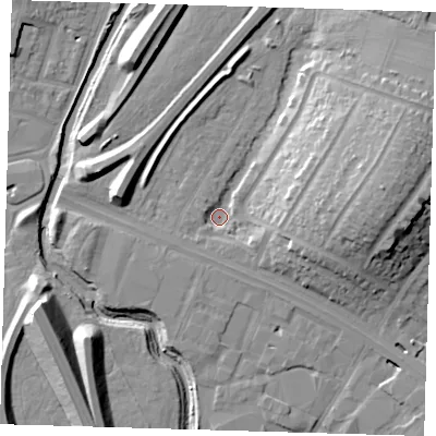 Shaded relief map of the ground around IG88FL, computed from Environment Agency LiDAR. The ground here sits at about 10 m above sea level and falls 20 m across the surrounding 800 m. Surface water reaching this point runs off ground lying to the east, 17.5 m higher.
