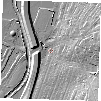Shaded relief map of the ground around IG88HU, computed from Environment Agency LiDAR. The ground here sits at about 14 m above sea level and falls 29 m across the surrounding 800 m. Surface water reaching this point runs off ground lying to the south-east, 27.2 m higher.
