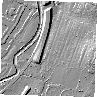 Shaded relief map of the ground around IG88JP, computed from Environment Agency LiDAR. The ground here sits at about 14 m above sea level and falls 25 m across the surrounding 800 m. Surface water reaching this point runs off ground lying to the north, 8.3 m higher.