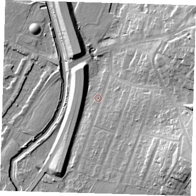 Shaded relief map of the ground around IG88JR, computed from Environment Agency LiDAR. The ground here sits at about 15 m above sea level and falls 28 m across the surrounding 800 m. Surface water reaching this point runs off ground lying to the east-south-east, 5.1 m higher.