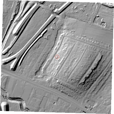 Shaded relief map of the ground around IG88LU, computed from Environment Agency LiDAR. The ground here sits at about 16 m above sea level and falls 20 m across the surrounding 800 m. Surface water reaching this point runs off ground lying to the east, 8.6 m higher.
