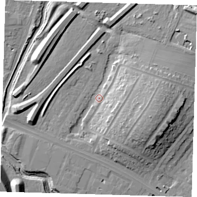 Shaded relief map of the ground around IG88LX, computed from Environment Agency LiDAR. The ground here sits at about 13 m above sea level and falls 20 m across the surrounding 800 m. Surface water reaching this point runs off ground lying to the east-south-east, 17.5 m higher.