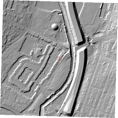 Shaded relief map of the ground around IG88PA, computed from Environment Agency LiDAR. The ground here sits at about 13 m above sea level and falls 11 m across the surrounding 800 m. Surface water reaching this point runs off ground lying to the north-east, 5.0 m higher.