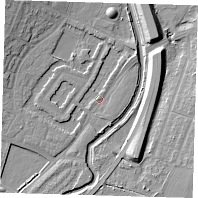 Shaded relief map of the ground around IG88PB, computed from Environment Agency LiDAR. The ground here sits at about 13 m above sea level and falls 12 m across the surrounding 800 m. Surface water reaching this point runs off ground lying to the north-east, 5.0 m higher.