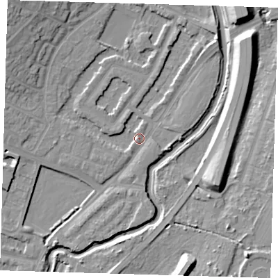 Shaded relief map of the ground around IG88PD, computed from Environment Agency LiDAR. The ground here sits at about 13 m above sea level and falls 12 m across the surrounding 800 m. Surface water reaching this point runs off ground lying to the west, 5.5 m higher.