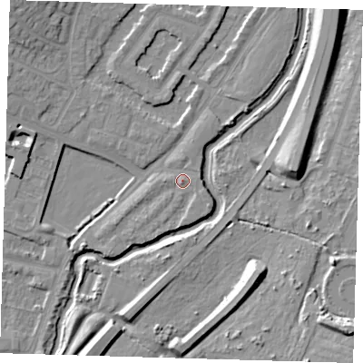 Shaded relief map of the ground around IG88PF, computed from Environment Agency LiDAR. The ground here sits at about 13 m above sea level and falls 12 m across the surrounding 800 m. Surface water reaching this point runs off ground lying to the south, 1.5 m higher.