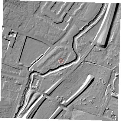 Shaded relief map of the ground around IG88PH, computed from Environment Agency LiDAR. The ground here sits at about 13 m above sea level and falls 11 m across the surrounding 800 m. Surface water reaching this point runs off ground lying to the south-east, 1.4 m higher.