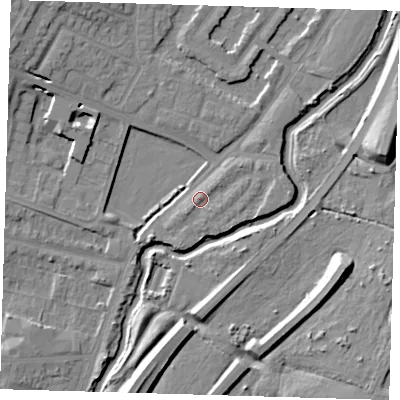 Shaded relief map of the ground around IG88PL, computed from Environment Agency LiDAR. The ground here sits at about 13 m above sea level and falls 10 m across the surrounding 800 m. Surface water reaching this point runs off ground lying to the south-west, 2.3 m higher.