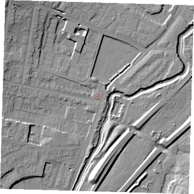 Shaded relief map of the ground around IG88PN, computed from Environment Agency LiDAR. The ground here sits at about 12 m above sea level and falls 16 m across the surrounding 800 m. Surface water reaching this point runs off ground lying to the north-west, 12.9 m higher.