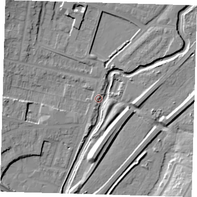 Shaded relief map of the ground around IG88PP, computed from Environment Agency LiDAR. The ground here sits at about 12 m above sea level and falls 14 m across the surrounding 800 m. Surface water reaching this point runs off ground lying to the north-north-east, 1.3 m higher.