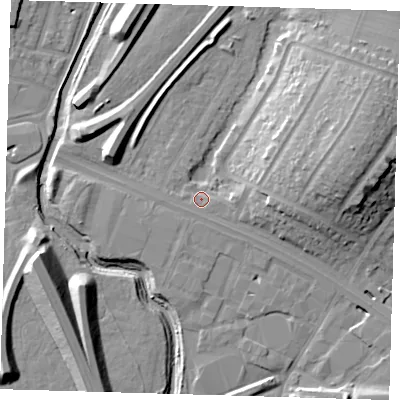 Shaded relief map of the ground around IG88QD, computed from Environment Agency LiDAR. The ground here sits at about 13 m above sea level and falls 20 m across the surrounding 800 m. Surface water reaching this point runs off ground lying to the east-north-east, 17.5 m higher.