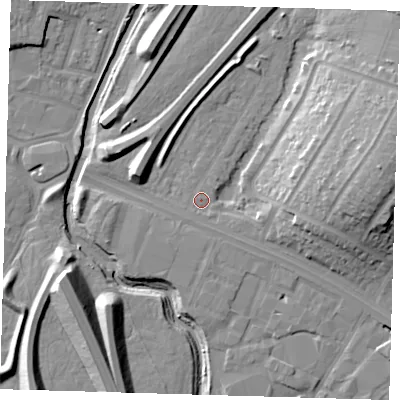 Shaded relief map of the ground around IG88QE, computed from Environment Agency LiDAR. The ground here sits at about 12 m above sea level and falls 20 m across the surrounding 800 m. Surface water reaching this point runs off ground lying to the south-south-east, 1.2 m higher.