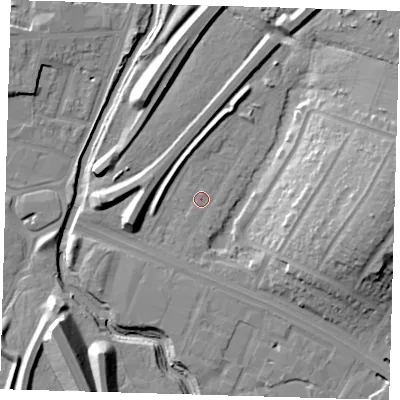 Shaded relief map of the ground around IG88QF, computed from Environment Agency LiDAR. The ground here sits at about 12 m above sea level and falls 20 m across the surrounding 800 m. Surface water reaching this point runs off ground lying to the east, 17.5 m higher.