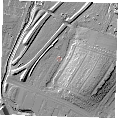 Shaded relief map of the ground around IG88QG, computed from Environment Agency LiDAR. The ground here sits at about 12 m above sea level and falls 20 m across the surrounding 800 m. Surface water reaching this point runs off ground lying to the east-south-east, 17.7 m higher.