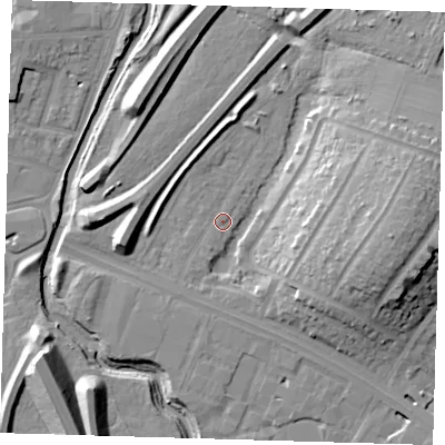 Shaded relief map of the ground around IG88QQ, computed from Environment Agency LiDAR. The ground here sits at about 12 m above sea level and falls 20 m across the surrounding 800 m. Surface water reaching this point runs off ground lying to the east, 17.5 m higher.