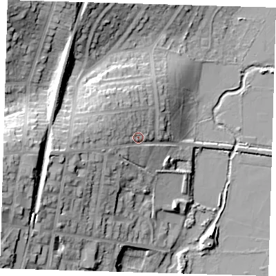 Shaded relief map of the ground around IG96BJ, computed from Environment Agency LiDAR. The ground here sits at about 28 m above sea level and falls 30 m across the surrounding 800 m. Surface water reaching this point runs off ground lying to the west-north-west, 6.3 m higher.