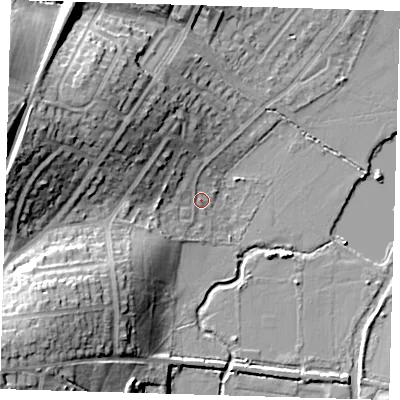 Shaded relief map of the ground around IG96BX, computed from Environment Agency LiDAR. The ground here sits at about 17 m above sea level and falls 23 m across the surrounding 800 m. Surface water reaching this point runs off ground lying to the north-north-west, 5.8 m higher.