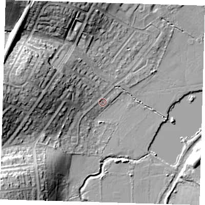 Shaded relief map of the ground around IG96BY, computed from Environment Agency LiDAR. The ground here sits at about 17 m above sea level and falls 21 m across the surrounding 800 m. Surface water reaching this point runs off ground lying to the north-west, 16.4 m higher.