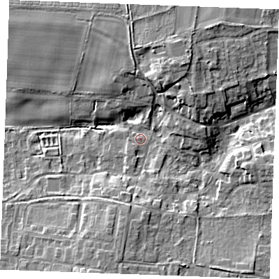 Shaded relief map of the ground around IP264AD, computed from Environment Agency LiDAR. The ground here sits at about 6 m above sea level and falls 11 m across the surrounding 800 m. Surface water reaching this point runs off ground lying to the north-north-east, 9.3 m higher.
