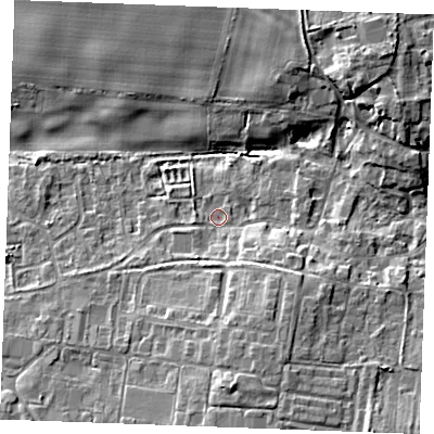 Shaded relief map of the ground around IP264BJ, computed from Environment Agency LiDAR. The ground here sits at about 5 m above sea level and falls 11 m across the surrounding 800 m. Surface water reaching this point runs off ground lying to the east-north-east, 0.8 m higher.