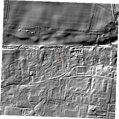 Shaded relief map of the ground around IP264BL, computed from Environment Agency LiDAR. The ground here sits at about 5 m above sea level and falls 10 m across the surrounding 800 m. Surface water reaching this point runs off ground lying to the south-east, 7.6 m higher.