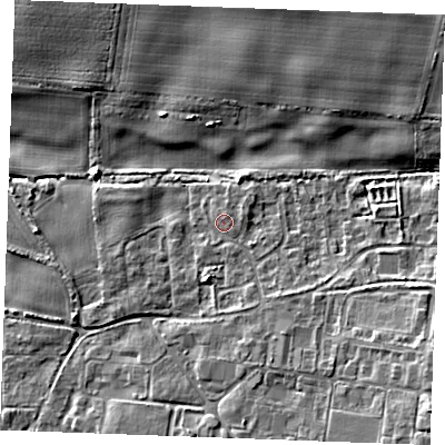 Shaded relief map of the ground around IP264BP, computed from Environment Agency LiDAR. The ground here sits at about 5 m above sea level and falls 9 m across the surrounding 800 m. Surface water reaching this point runs off ground lying to the south-south-east, 1.5 m higher.