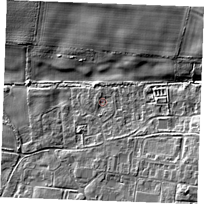 Shaded relief map of the ground around IP264BU, computed from Environment Agency LiDAR. The ground here sits at about 4 m above sea level and falls 9 m across the surrounding 800 m. Surface water reaching this point runs off ground lying to the south, 1.3 m higher.