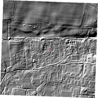 Shaded relief map of the ground around IP264BY, computed from Environment Agency LiDAR. The ground here sits at about 5 m above sea level and falls 9 m across the surrounding 800 m. Surface water reaching this point runs off ground lying to the south-east, 7.7 m higher.