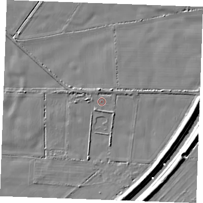 Shaded relief map of the ground around IP264EJ, computed from Environment Agency LiDAR. The ground here sits at about 2 m above sea level and falls 8 m across the surrounding 800 m. Surface water reaching this point runs off ground lying to the north-north-west, 2.4 m higher.