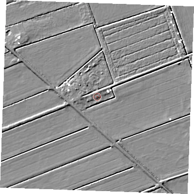 Shaded relief map of the ground around IP264EL, computed from Environment Agency LiDAR. The ground here sits at about -0 m above sea level and falls 4 m across the surrounding 800 m. Surface water reaching this point runs off ground lying to the south-south-west, 2.6 m higher.