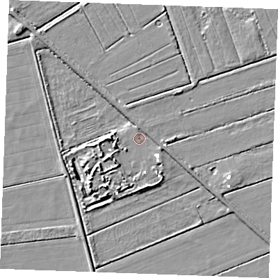 Shaded relief map of the ground around IP264EN, computed from Environment Agency LiDAR. The ground here sits at about -0 m above sea level and falls 8 m across the surrounding 800 m. Surface water reaching this point runs off ground lying to the north, 1.4 m higher.