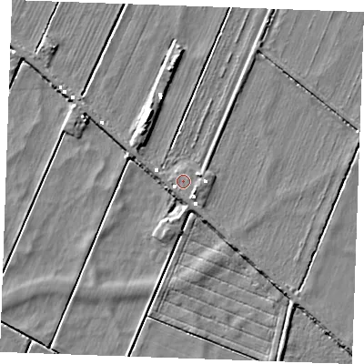 Shaded relief map of the ground around IP264EP, computed from Environment Agency LiDAR. The ground here sits at about -1 m above sea level and falls 6 m across the surrounding 800 m. Surface water reaching this point runs off ground lying to the south-east, 1.3 m higher.